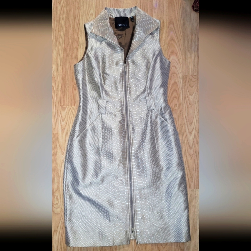 Carlisle Silver Metallic Sleeveless Zip-Front Midi Dress